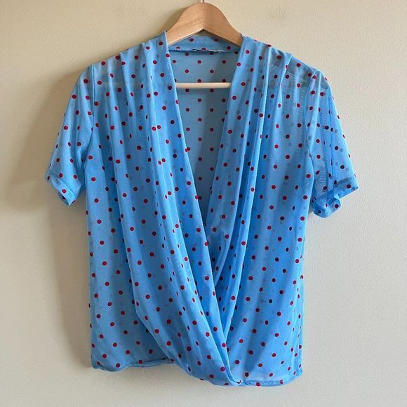 Zara Top S Womens Blue Chiffon Sheer Red Dots Wrap Casual Short Sleeves Ladies - Picture 2 of 4